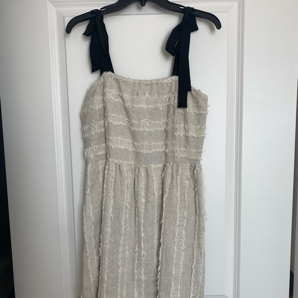 Dress forum fringed linen sundress with black ribbon tie shoulders. Size M